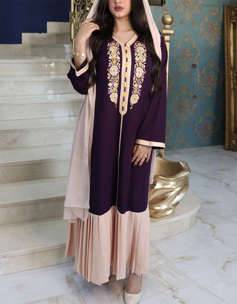 Pleated Embroidered  Modest Long Dress For Women